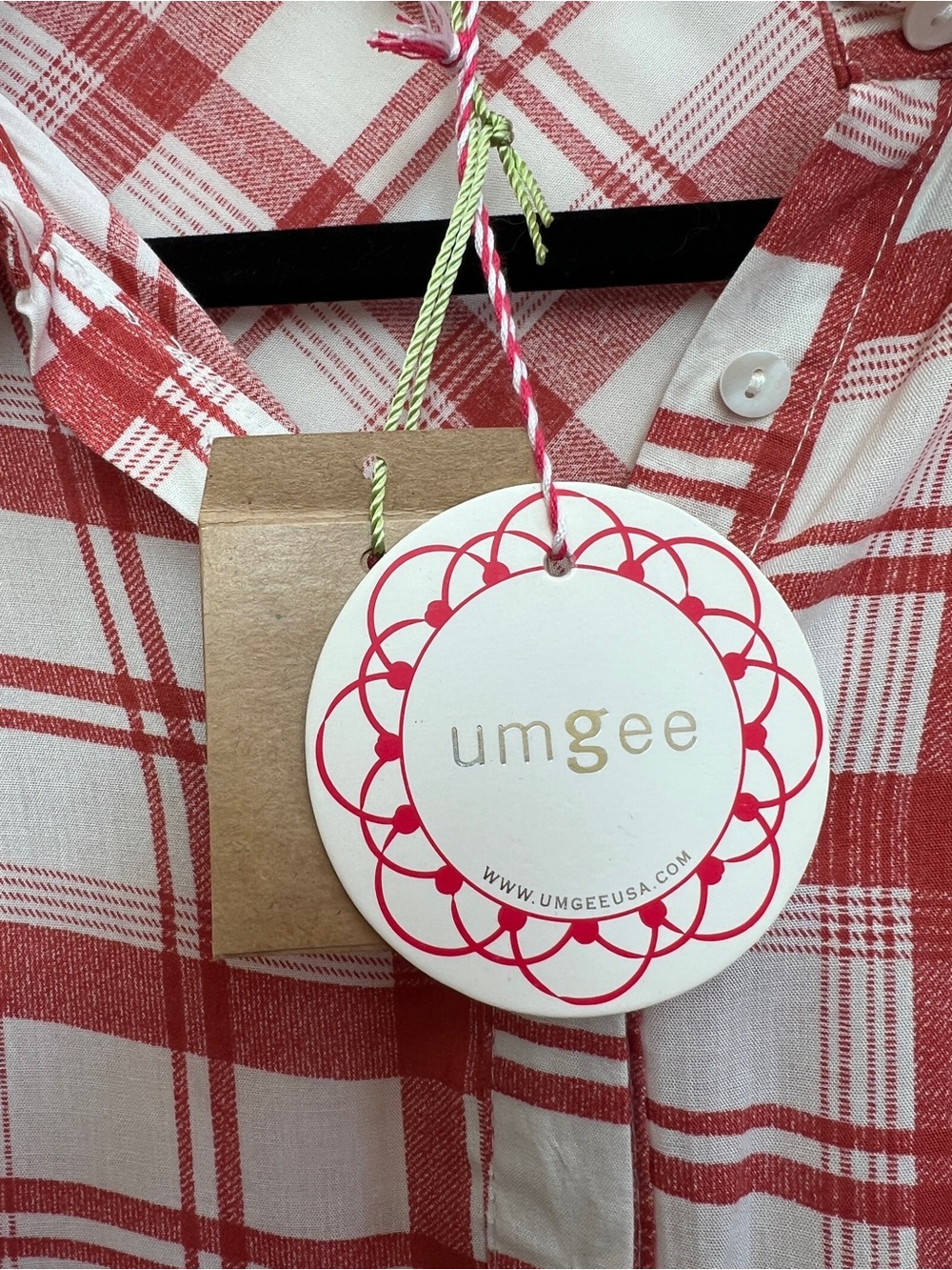 Umgee Plaid Button Front Shirt Dress Rayon Tie Waist Red White Small NWT Cottage - Picture 7 of 10